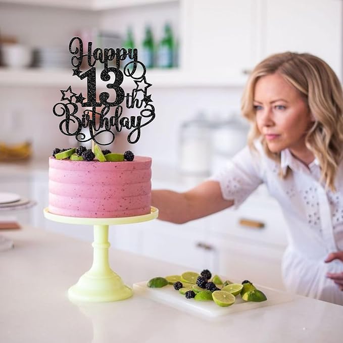 1 PCS Happy 13th Birthday Cake Topper Glitter Cheers to 13 Years Birthday Cake Pick Hello 13 Fabulous Cake Decoration for Happy 13th Birthday Anniversary Party Decorations Supplies Black