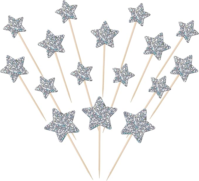 30 PCS Silver Little Star Cupcake Toppers Glitter Twinkle Star Cupcake Picks Bridal Shower Cake Decorations for Wedding Engagement Baby Shower Kids Birthday Party Supplies Mixed Size