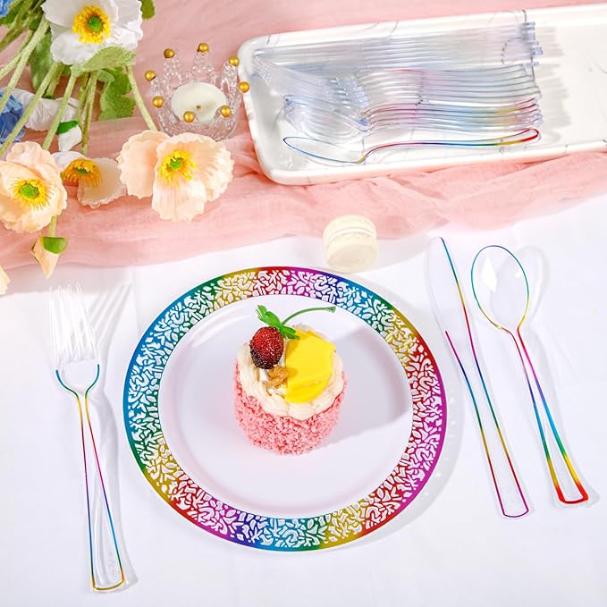 Supernal 120 PCS Clear Plastic Silverware Heavy Duty - Disposable Utensils Rainbow Colorful Silverware Set Include 40 Forks, 40 Knives and 40 Spoons for Trolls/Birthday Party, Baby Shower Decorations