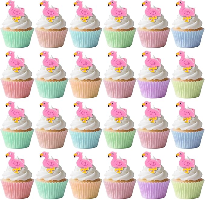 24 PCS Flamingo Cupcake Toppers Cupcake Rings Birthday Cupcake Toppers Tropical Flamingo Theme Cupcake Picks for Baby Shower Hawaiian Luau Aloha Summer Party