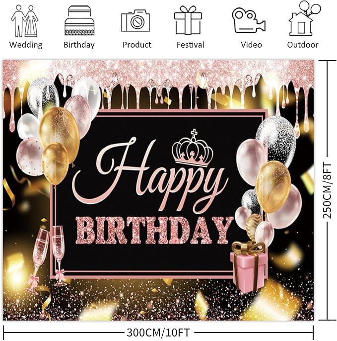 0x8ft Pink Gold Happy Birthday Backdrops Glitter Black Rose Gold Birthday Banners Rose Gold Sign Decoration