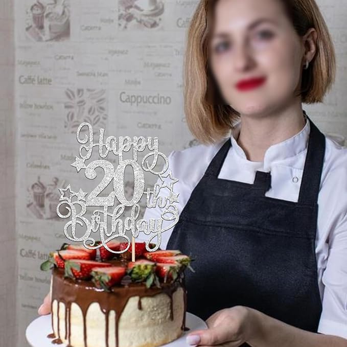 1 PCS Happy 20th Birthday Cake Topper Glitter Cheers to 20 Years Birthday Cake Pick Hello 20 Fabulous Cake Decoration for Happy 20th Birthday Anniversary Party Decorations Supplies silver