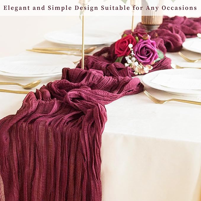 Burgundy 6 Pack Cheesecloth Table Runner 10FT Rustic Gauze Cheese Cloth Table Runner for Wedding Bridal Baby Shower Table Decor 20 x 120 Inch Long Boho Fabric Sheer Birthday Party Table Decorations