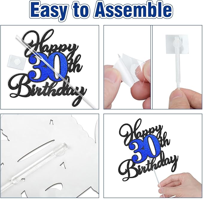 Happy 30th Birthday Cake Toppers, Black Blue Glitter Cake Decorations Set, 30th Birthday Decor, Birthday Anniversary Party Decorations Supplies