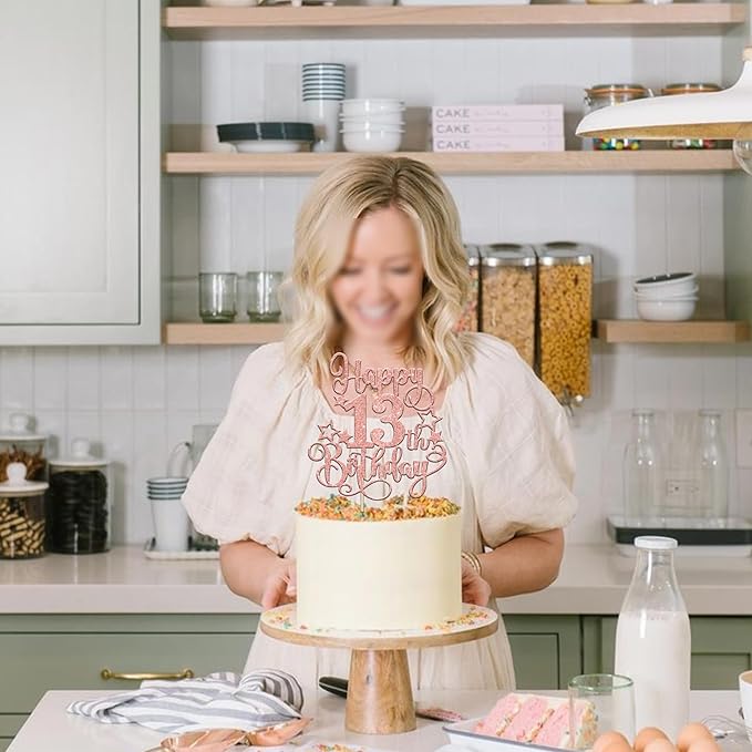 1 PCS Happy 13th Birthday Cake Topper Glitter Cheers to 13 Years Birthday Cake Pick Hello 13 Fabulous Cake Decoration for Happy 13th Birthday Anniversary Party Decorations Supplies Rose Gold