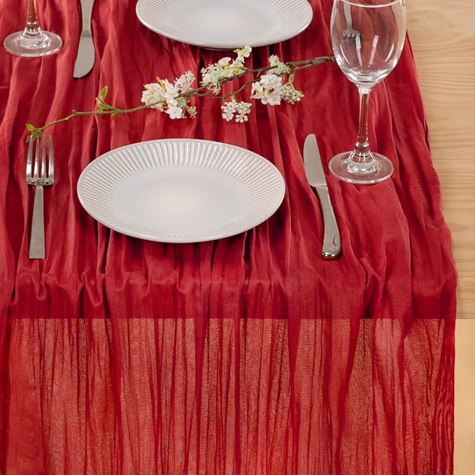 MLMC 3 Pack Red Table Runner Boho Rustic Gauze Cheesecloth Table Runner Cheese Cloth Centerpiece Decor 35x120 Inches for Wedding Winter Reception Christmas Valentine's Day Decor