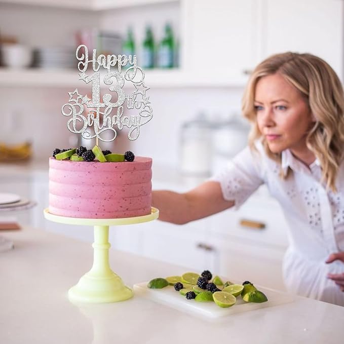1 PCS Happy 13th Birthday Cake Topper Glitter Cheers to 13 Years Birthday Cake Pick Hello 13 Fabulous Cake Decoration for Happy 13th Birthday Anniversary Party Decorations Supplies silver