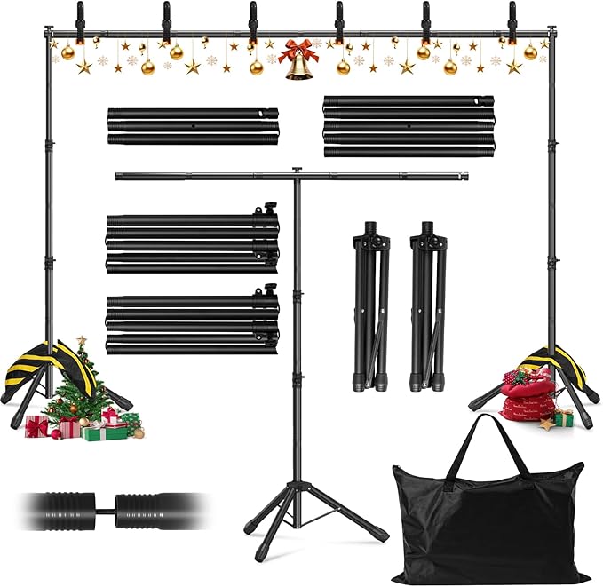3-in-1 Backdrop Stand Kit 10x7.5 ft for Photography Studio, T-Shape Backdrop Stand for Wedding Parties, Background Stand for Photo Video Studio with Carring Bag, 6 Clamps, 2 Sandbags