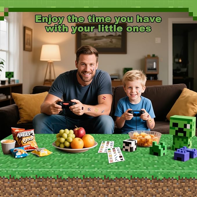 Bigear 3PCS Pixel Tablecovers with 54PCS Temporary Tattoos,Waterproof Oil-Proof Plastic Table Cloth,Video Game Party Birthday Party Decorations,Gamer Birthday Tablecloth Party Supplies