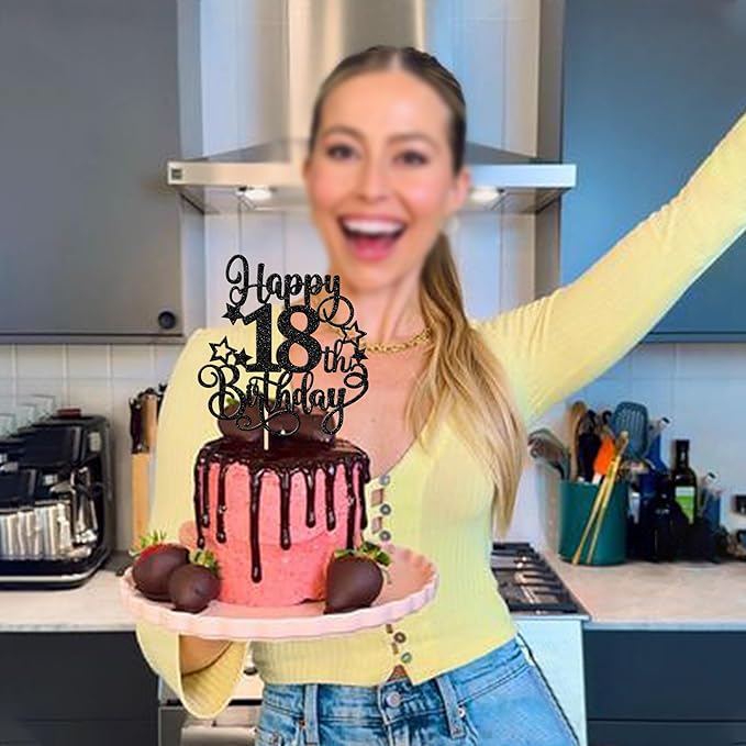 1 PCS Happy 18th Birthday Cake Topper Glitter Cheers to 18 Years Birthday Cake Pick Hello 18 Fabulous Cake Decoration for Happy 18th Birthday Anniversary Party Decorations Supplies Black