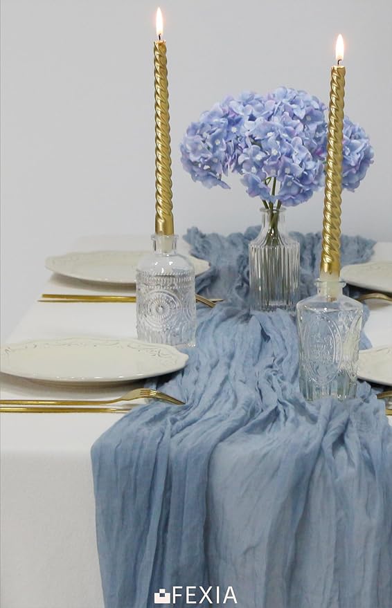 FEXIA 3 Pack Dusty Blue Table Runner 35x120 Inches for Baby Shower Decoration Gauze Rustic Table Runner for Wedding Party First Communion Centerpiece Engagement Bridal Shower Boho Decoration