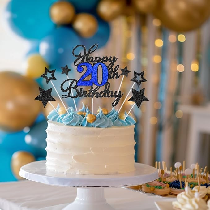 20th Birthday Cake Topper, Black Blue Happy 20th Birthday Cake Toppers for Boy Girl, 20 Years Old Birthday Party Supplies, Glitter Cake Decor, 20th Birthday Cake Decorations