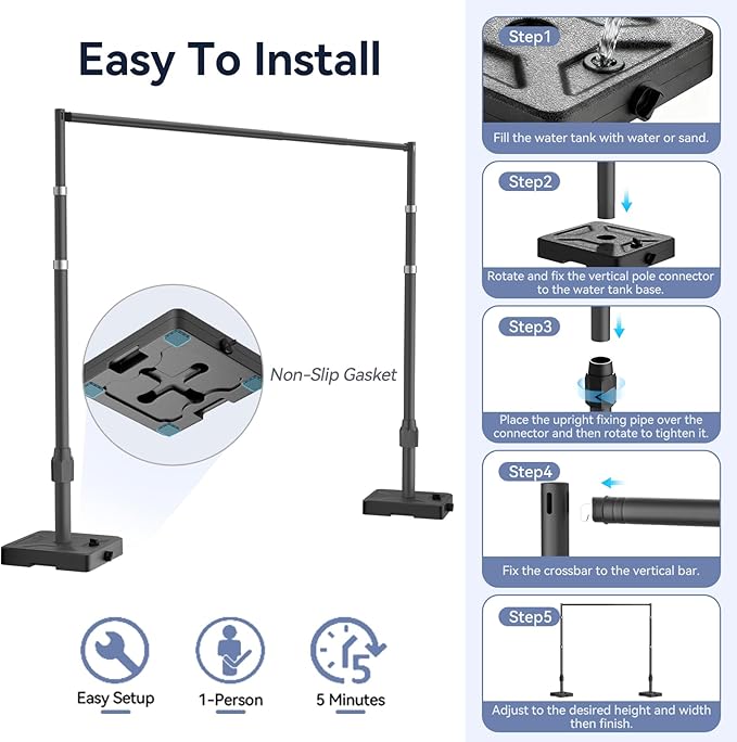 EMART 10x10ft Backdrop Stand Heavy Duty Kit with Water Tank Base, Pipe and Drape Adjustable Photo Backdrop Stand for Wedding, Party, Baby Shower, Christmas, Birthday Decorations-Black