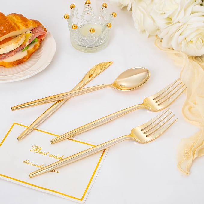 Supernal 180PCS Gold Plastic Silverware Gold Silverware Disposable Cutlery Plastic Utensils Heavy Duty Disposable Utensils Includes: 60 Knives, 60 Forks and 60 Spoons for Party, Birthday, Wedding