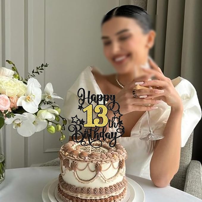 1 PCS Happy 13th Birthday Cake Topper Black Gold Glitter Cheers to 13 Years Birthday Cake Pick Hello 13 Fabulous Cake Decoration for Happy 13th Birthday Anniversary Party Decorations Supplies