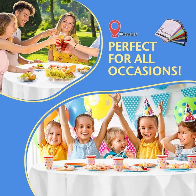 8-Pack White Disposable Plastic Tablecloths Round 84 Inch Diameter - Heavy Duty Waterproof Party Table Covers for Weddings, Banquets & Events