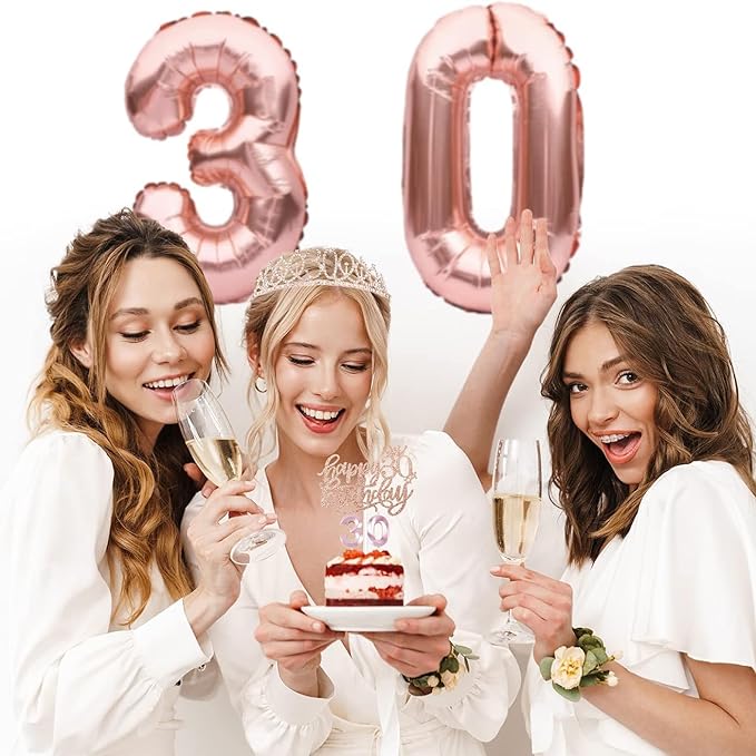 30th Birthday Decorations for Her, 30th Birthday Sash and Crown, Cake Topper and Candles, Pop Up Card, Number Balloons, 30 Year Old Gifts for Women, 10pcs
