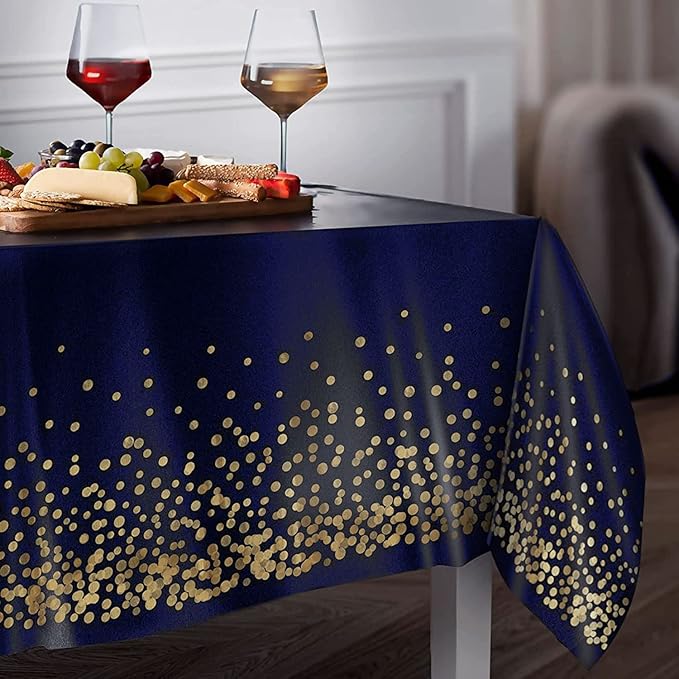 Navy Blue Birthday Party Tablecloths 2 Pcs-Birthday Graduation Table Cover, Plastic Disposable Waterproof Tablecloth, Confetti TableCover for Parties 54 x 108