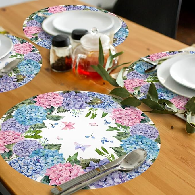 Paper Placemats Disposable 50 Pack Hydrangea Placemats 13.7 Inch Hydrangea Floral Place Mats Round Table Mats Spring Summer Table Mats for Birthday Wedding Party Supplies