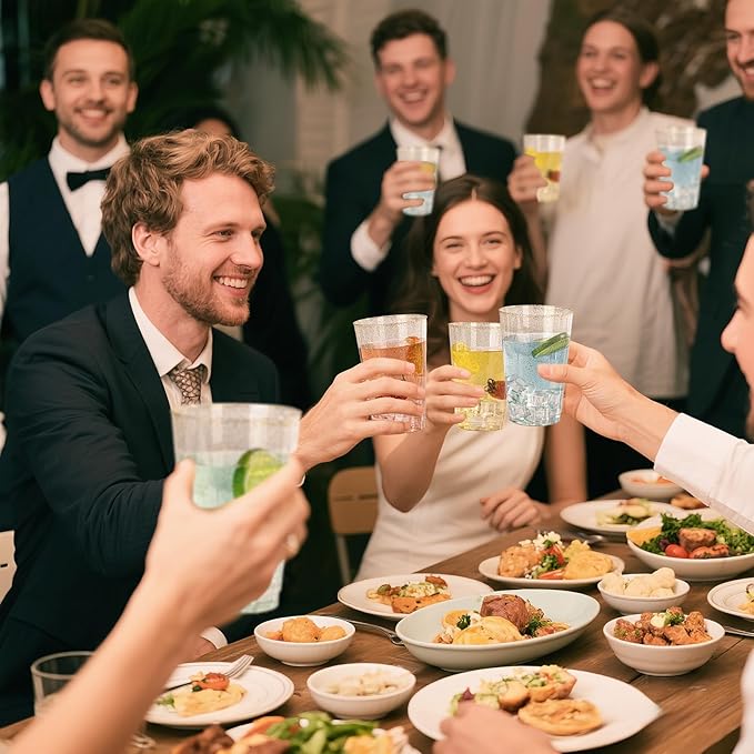 I00000 100 Pack 24 oz Gold Plastic Cups, Gold Glitter Cups Disposable Plastic Wine Glasses Cocktail Glasses Premium Cup, 24 Ounce Glitter Disposable Tumblers for Party & Wedding