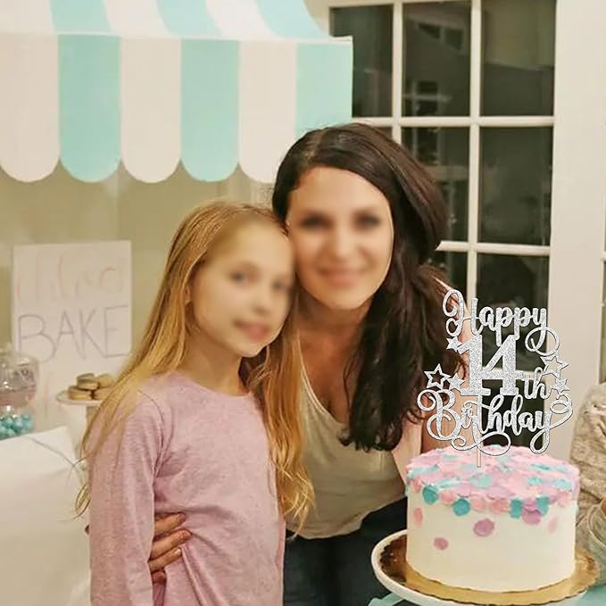 1 PCS Happy 14st Birthday Cake Topper Glitter Cheers to 14 Years Birthday Cake Pick Hello 14 Fabulous Cake Decoration for Happy 14st Birthday Anniversary Party Decorations Supplies silver