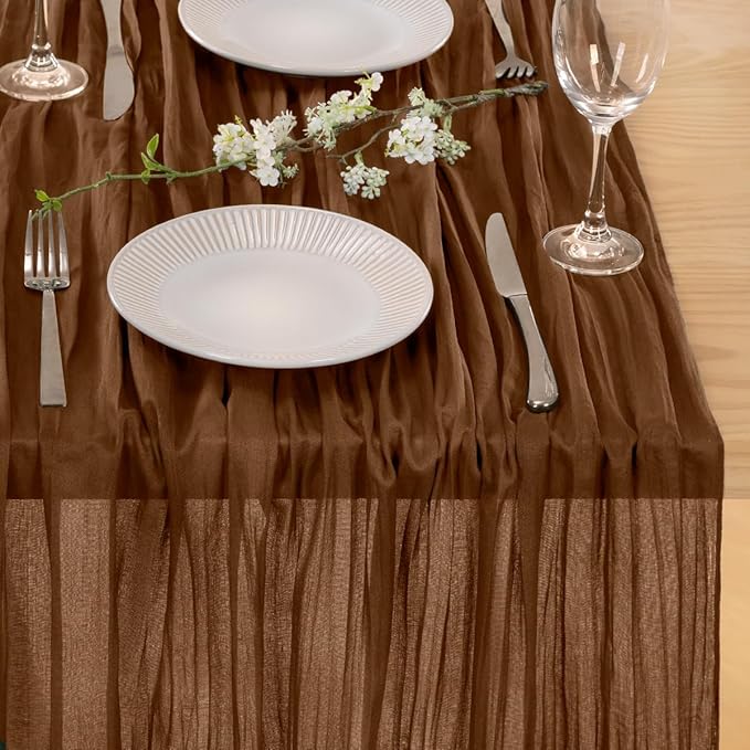 MLMC Brown Cheesecloth Table Runner 10ft Boho Rustic Gauze Coffee Cheese Cloth Table Runner Neutral Centerpiece Decor 35x120 Inches for Wedding Farmhouse Reception Home Decor