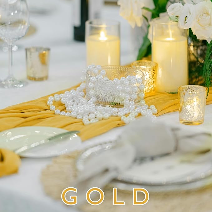 1 Pack Cheesecloth Table Runner Rustic Sheer Boho Gauze 35 x 120 Inch Centerpiece Cheese Cloth for Bridal Baby Shower Summer Spring Decorations Gold