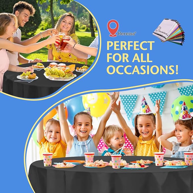 8-Pack Black Disposable Plastic Tablecloths Round 84 Inch Diameter - Heavy Duty Waterproof Party Table Covers for Weddings, Banquets & Events