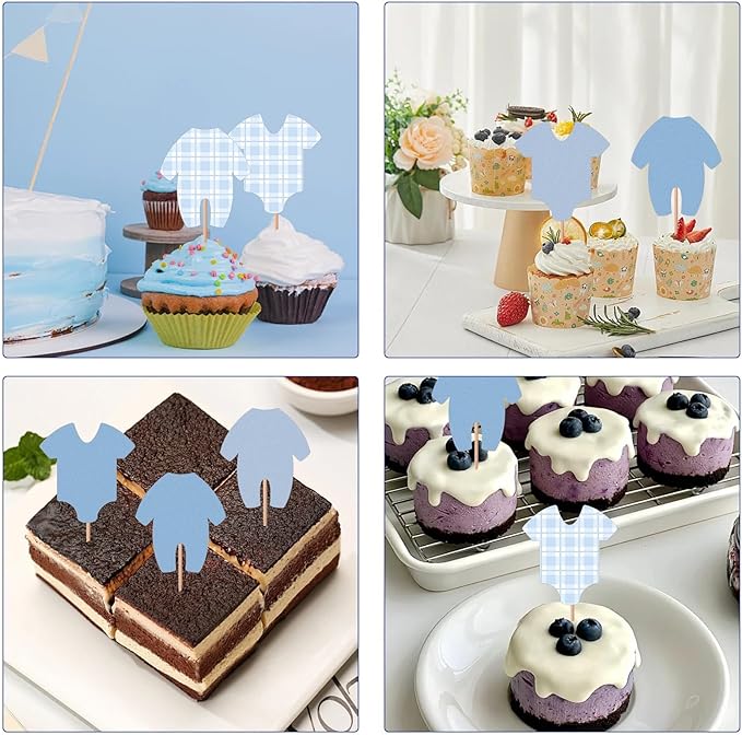 48Pcs Baby Shower Decorations Boy Cupcake Toppers Decorating, Blue Baby Shower Boy Cake Toppers Party Decorations Supplies, Blue Bodysuit Happy Birthday Decor Supplies Cake Decor