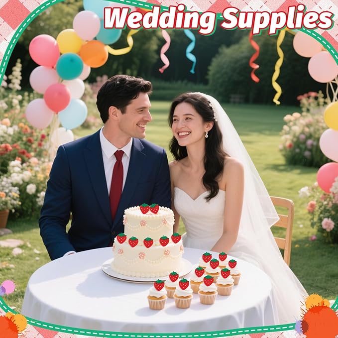 24 PCS Strawberry Cupcake Toppers Berry First Birthday Strawberry Ring Cake Topper for Fruit Baby Shower Berry Sweet Cupcake Decorations Party Supplies