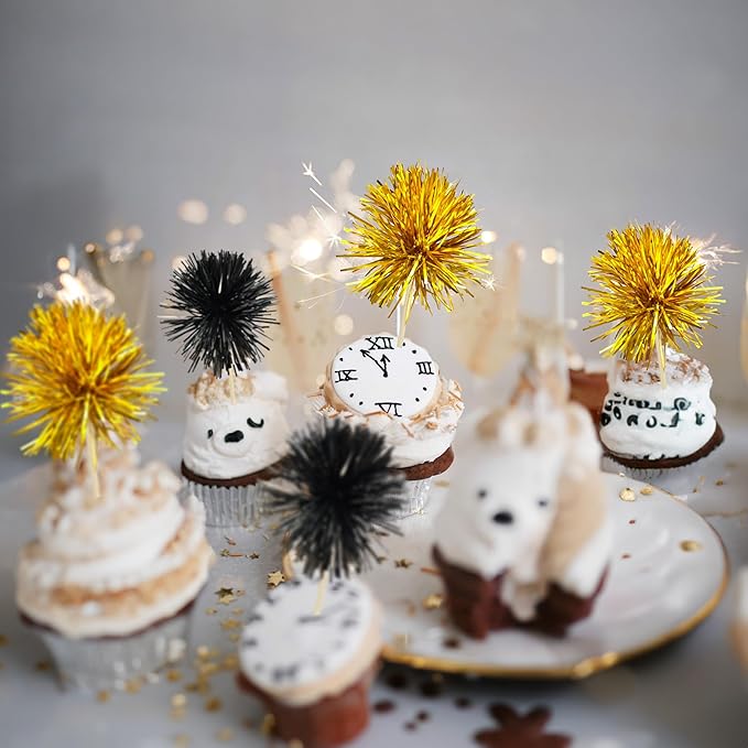 Gyufise 30Pcs Foil Firework Cupcake Toppers Sparkle Tinsel Cake Toppers Tinsel Drink Cake Decoration Cocktail Picks for Birthday Wedding Graduation Party Supplies Gold Black
