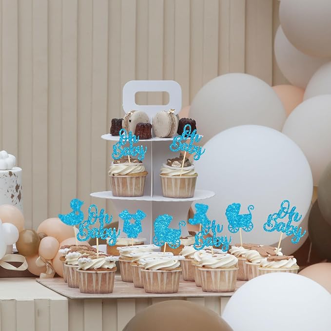 Gyufise 36Pcs Oh Baby Cupcake Toppers Glitter Bear Pacifier Baby Carriage Cupcake Picks Baby Shower Cake Decorations for Gender Reveal Baby Shower Birthday Party Supplies Blue