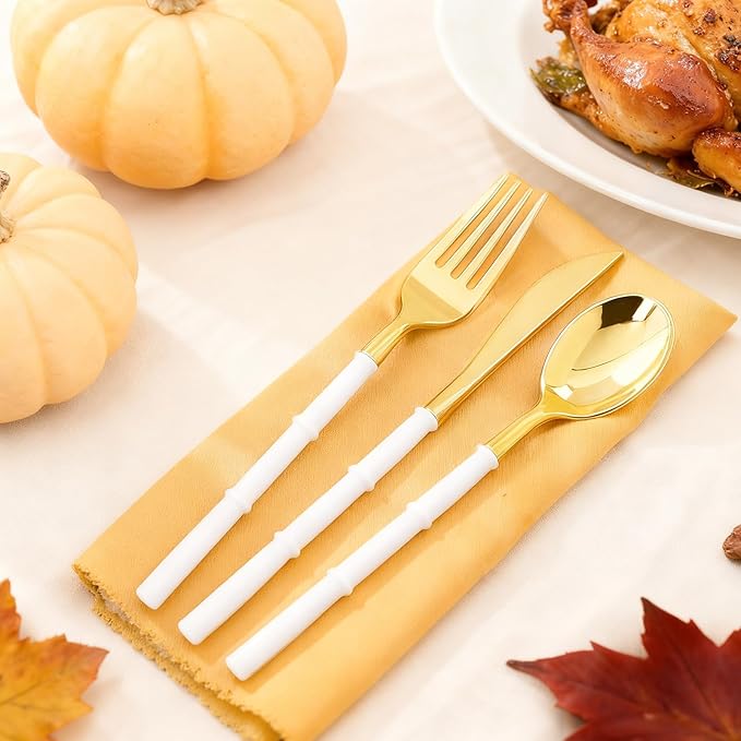 WDF 180Pieces Gold Plastic Silverware-Gold Plastic Cutlery with White Handle-Heavyweight Disposable Flatware-Include 60Forks, 60 Spoons, 60 Knives For Thanksgiving