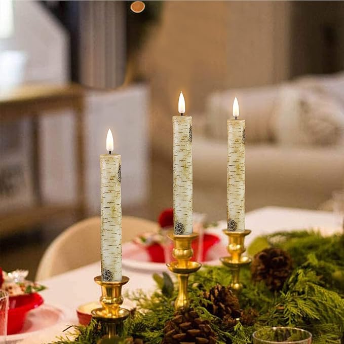 Eywamage Birch Bark Flameless Taper Candles with Remote, Short Wood LED Wax Candlesticks Flickering Battery Operated Set of 6