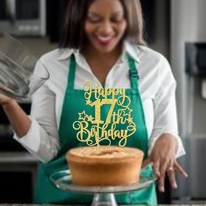 1 PCS Happy 17th Birthday Cake Topper Glitter Cheers to 17 Years Birthday Cake Pick Hello 17 Fabulous Cake Decoration for Happy 17th Birthday Anniversary Party Decorations Supplies Gold