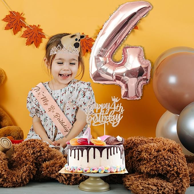 4th Birthday Decorations Girl, Including 4 year old Birthday Cake Topper, Queen Sash with Pearl Pin, Sweet Rhinestone Tiara Crown, Number Candles and Balloons Set, Rose Gold