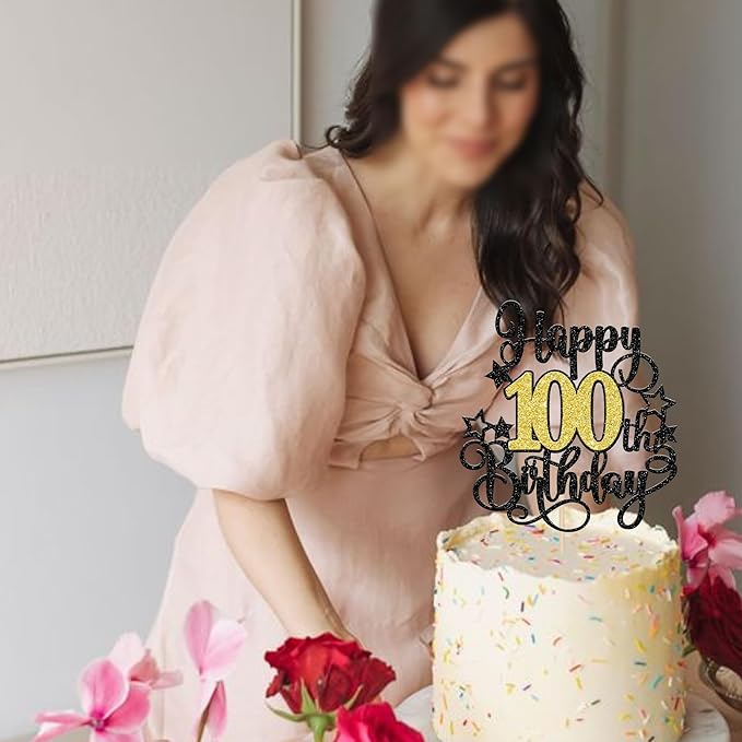 1 PCS Happy 100th Birthday Cake Topper Black Gold Glitter Cheers to 100 Years Birthday Cake Pick Hello 100 Fabulous Cake Decoration for Happy 100th Birthday Anniversary Party Decorations Supplies