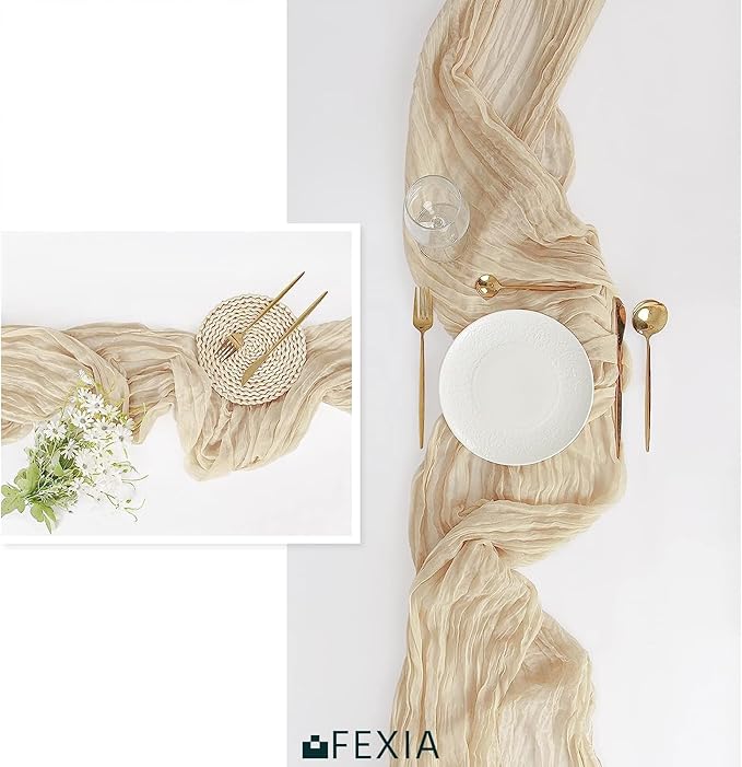 FEXIA Beige Cheesecloth Table Runner 35x120 Inches Ivory Gauze Rustic Boho Spring Easter Table Runner for Engagement Party Decorations Bridal Shower Wedding Party First Communion Centerpiece