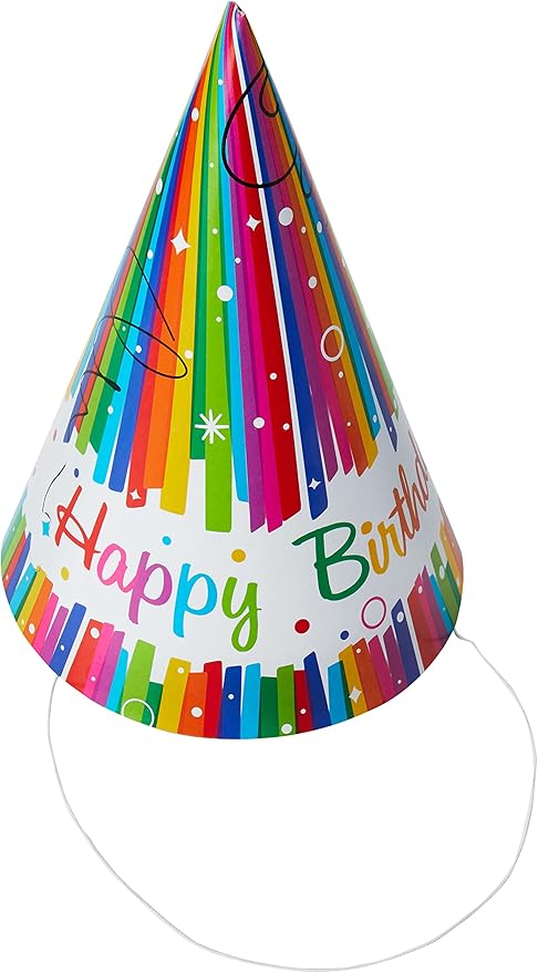 Multicolor Rainbow Ribbons Birthday Paper Party Hats (Pack Of 8) - Vibrant Paper Hats, Perfect For Kids & Adults - One Size Fits All