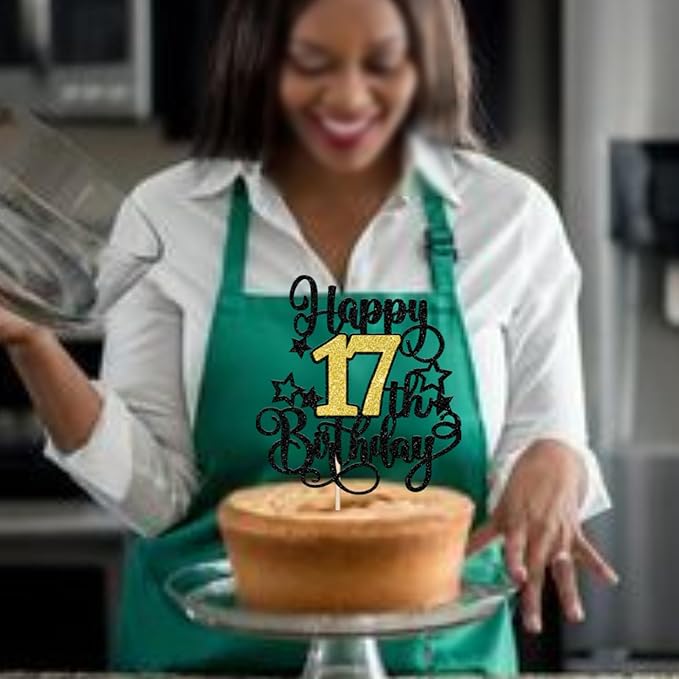 1 PCS Happy 17th Birthday Cake Topper Black Gold Glitter Cheers to 17 Years Birthday Cake Pick Hello 17 Fabulous Cake Decoration for Happy 17th Birthday Anniversary Party Decorations Supplies