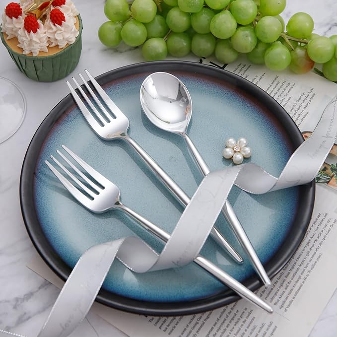 SUT 200Pcs Plastic Silverware,Plastic Spoons and Forks, Disposable Silverware,Silver Plastic Silverware, Disposable Forks and Spoons, Includes 100 forks, 100 spoons for Party, Birthday, Wedding