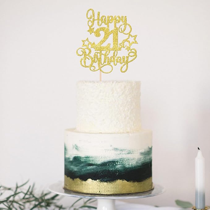 1 PCS Happy 21st Birthday Cake Topper Glitter Cheers to 21 Years Birthday Cake Pick Hello 21 Fabulous Cake Decoration for Happy 21st Birthday Anniversary Party Decorations Supplies Gold