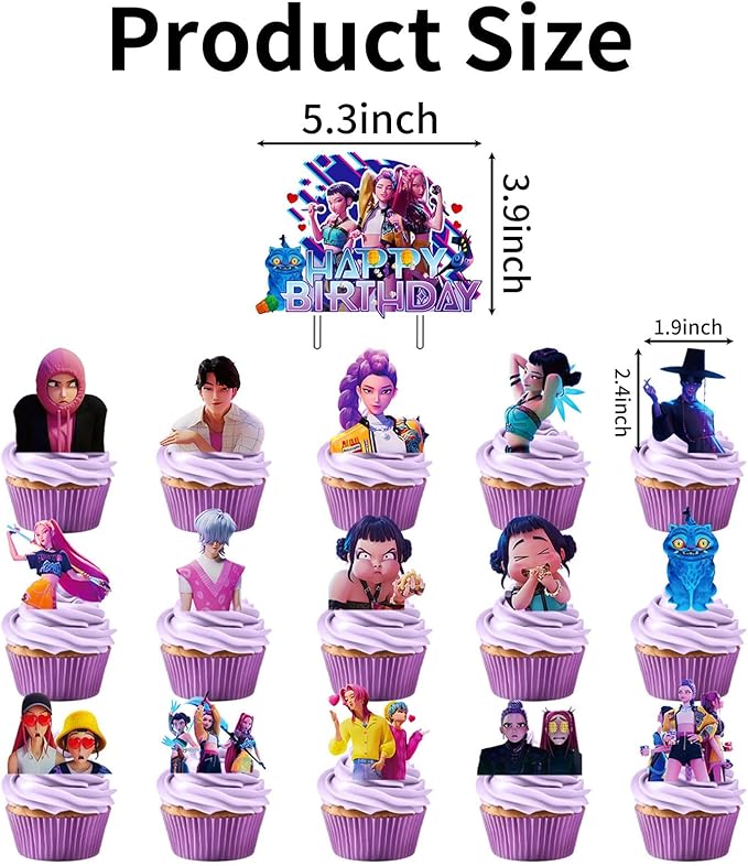 16Pcs Cute Anime Cake Decorations with 15pcs Cupcake Toppers, 1pcs Happy Birthday Cake Topper, Cartoon Themed Party Supplies, Perfect for Birthday Party Decorations