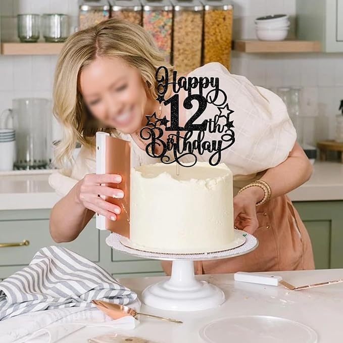 1 PCS Happy 12th Birthday Cake Topper Glitter Cheers to 12 Years Birthday Cake Pick Hello 12 Fabulous Cake Decoration for Happy 12th Birthday Anniversary Party Decorations Supplies Black