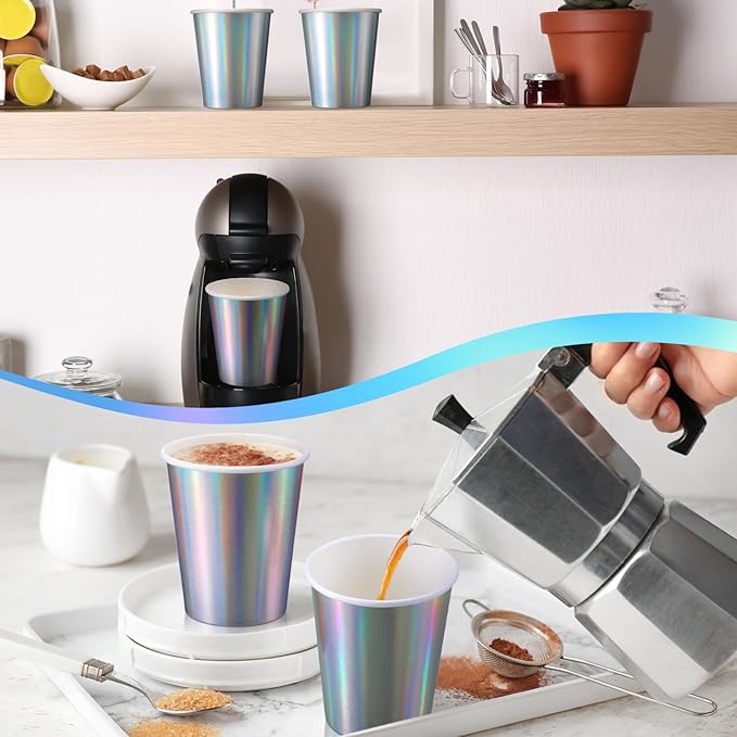 Funtery 100 Pcs Iridescent Paper Cups 9 oz Holographic Disposable Party Cups Beverage Drinkware Supplies for Bachelorette Birthday Disco Baby Shower Mermaid Party Wedding Anniversary Engagement