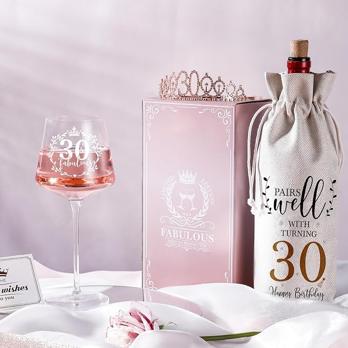 30th Birthday Gifts for Women Her - Elegant Decorations with Vintage Wine Glasses, Wine Bag, Birthday Sash, Crown,Rhinestone Birthday Tiara, Perfect for Women,Mom,Wife,Coworker,Best Friend,Sister