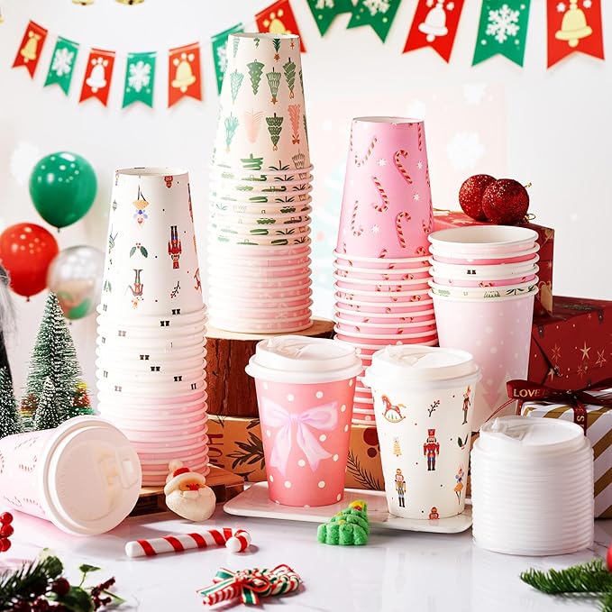 Yungyan 60 Sets Christmas Disposable Coffee Cups with Lids 12 oz Pink Xmas Paper Cups Hot Cocoa To-go Coffee Mug for Hot Cold Drinks Chocolate Tea Beverage Christmas Party Supplies