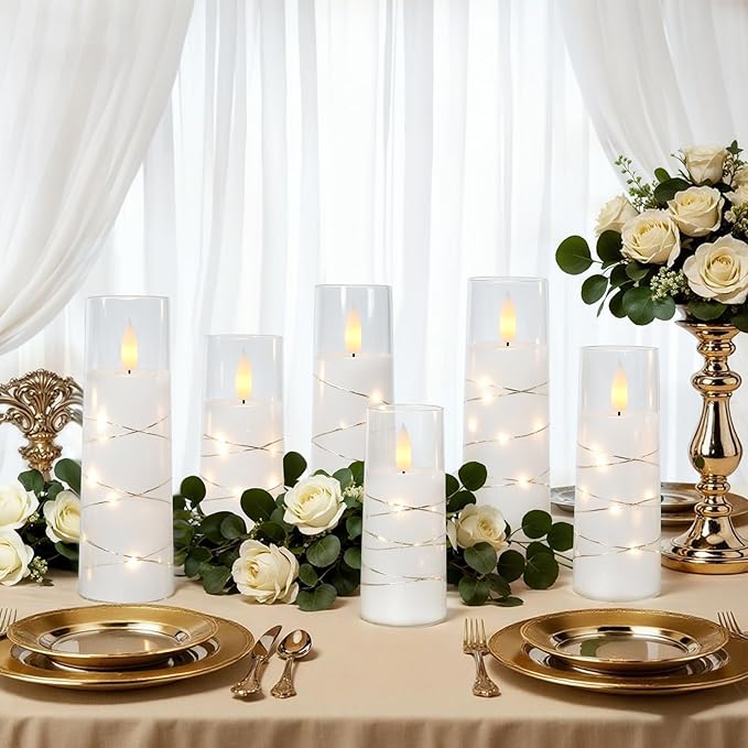 Raycare Flameless Candle with Remote Timer – 5 Flickering Acrylic Battery Operated LED Pillar Candles with Embedded Star String for Christmas, Home Decor, and as a Gift(White)