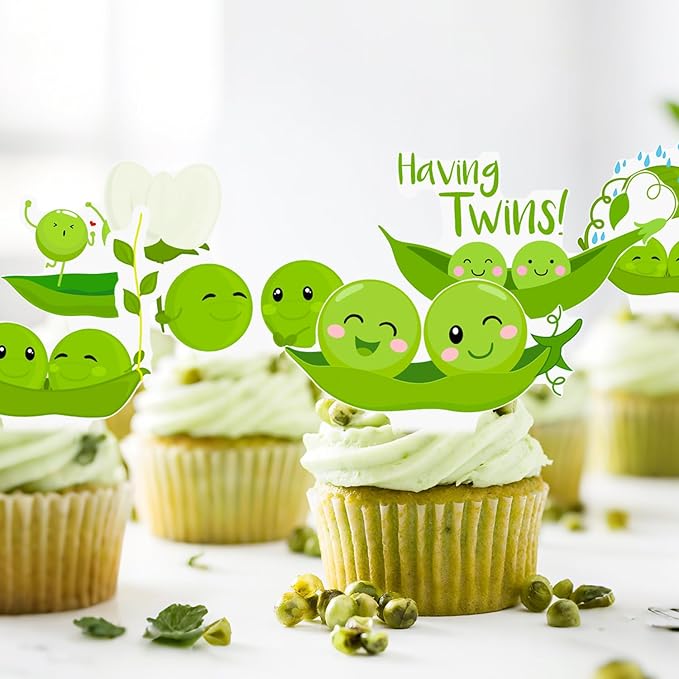 Two Peas in a Pod Twins Cupcake Toppers Twins Baby Shower Decorations 48Pcs Pea Party Cake Topper Decorations Sweet Pea Cupcake Picks for Two Peas in a Pod Twins Gender Reveal Birthday Party Supplies