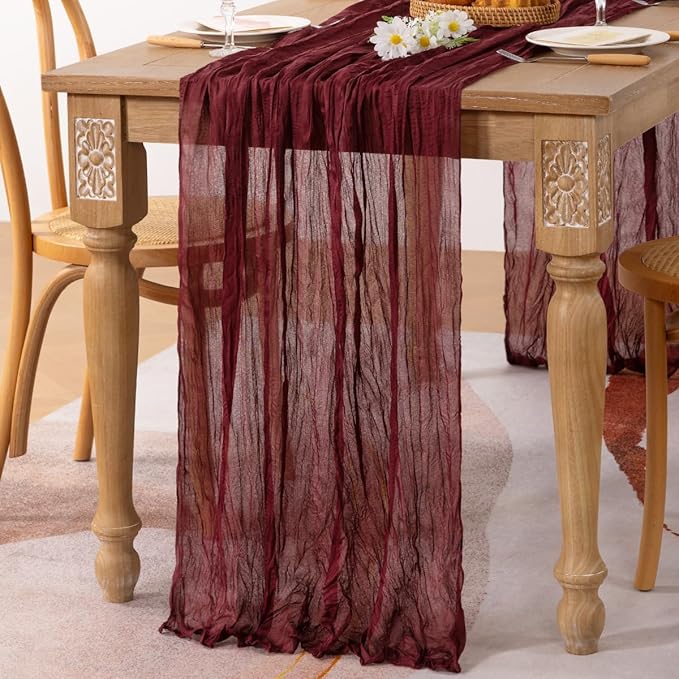 MLMC Burgundy Red Table Runner 10ft Rustic Gauze Wine Red Cheesecloth Table Runner Christmas Cheese Cloth Centerpiece 35x120 Inches for Wedding Bridal Shower Anniversary Valentine's Day Events Decor